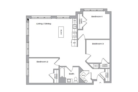 Floor plan for 3 beds, 2 baths, 1197 sqft